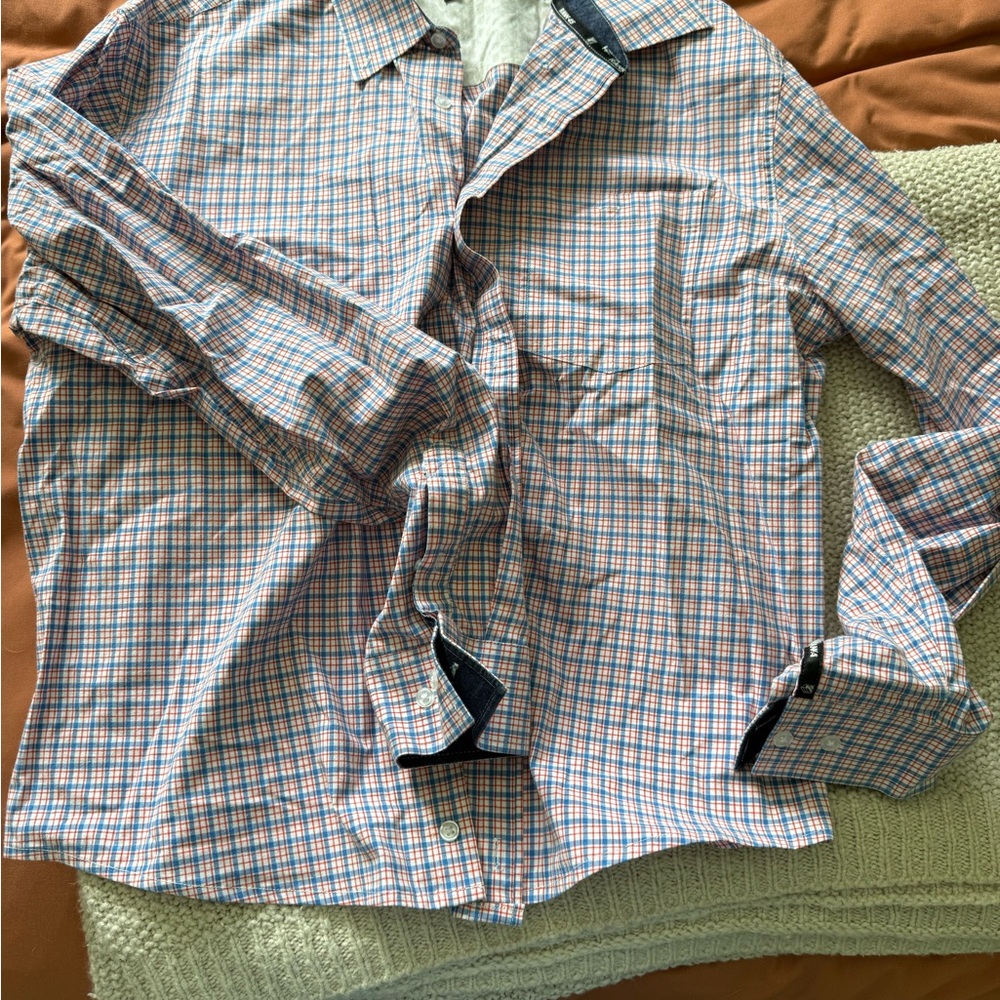 Men's Blue and White Checkered Dress Shirt